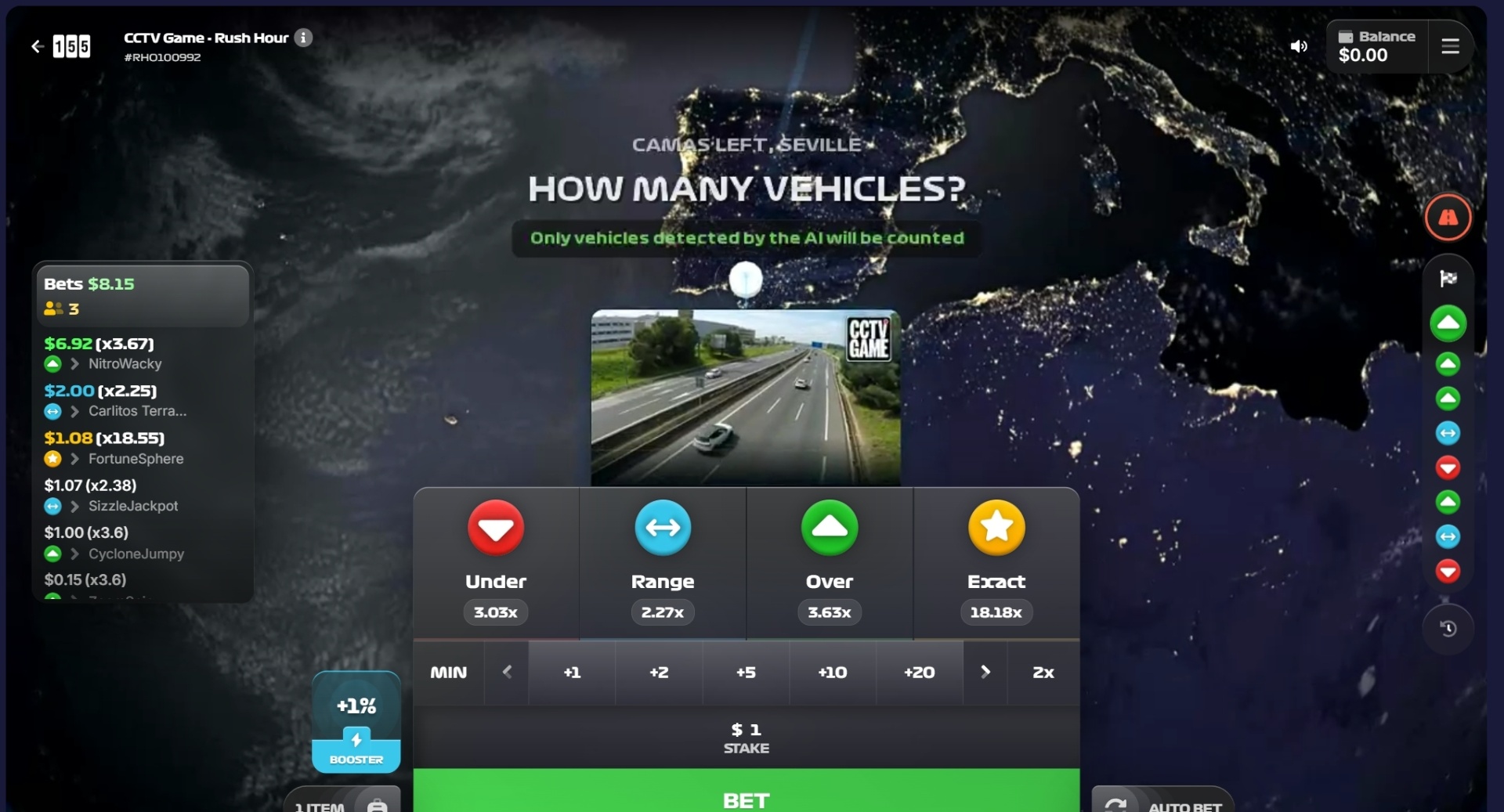 CCTV Rush Hour gameplay — Seville intersection with Under/Range/Over/Exact bet options and live bet feed