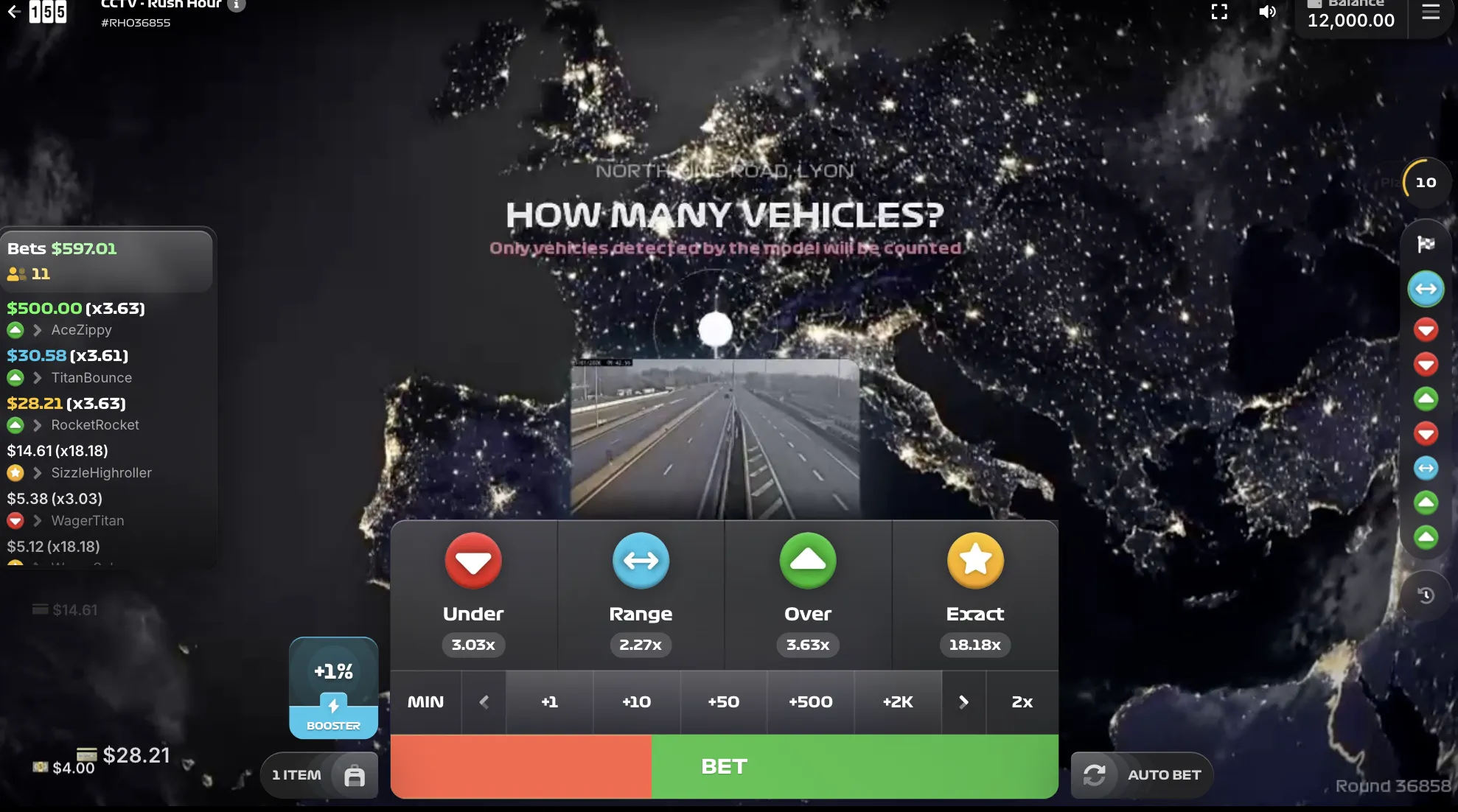CCTV Rush Hour main game screen — satellite night view, betting tiers, vehicle count prediction interface