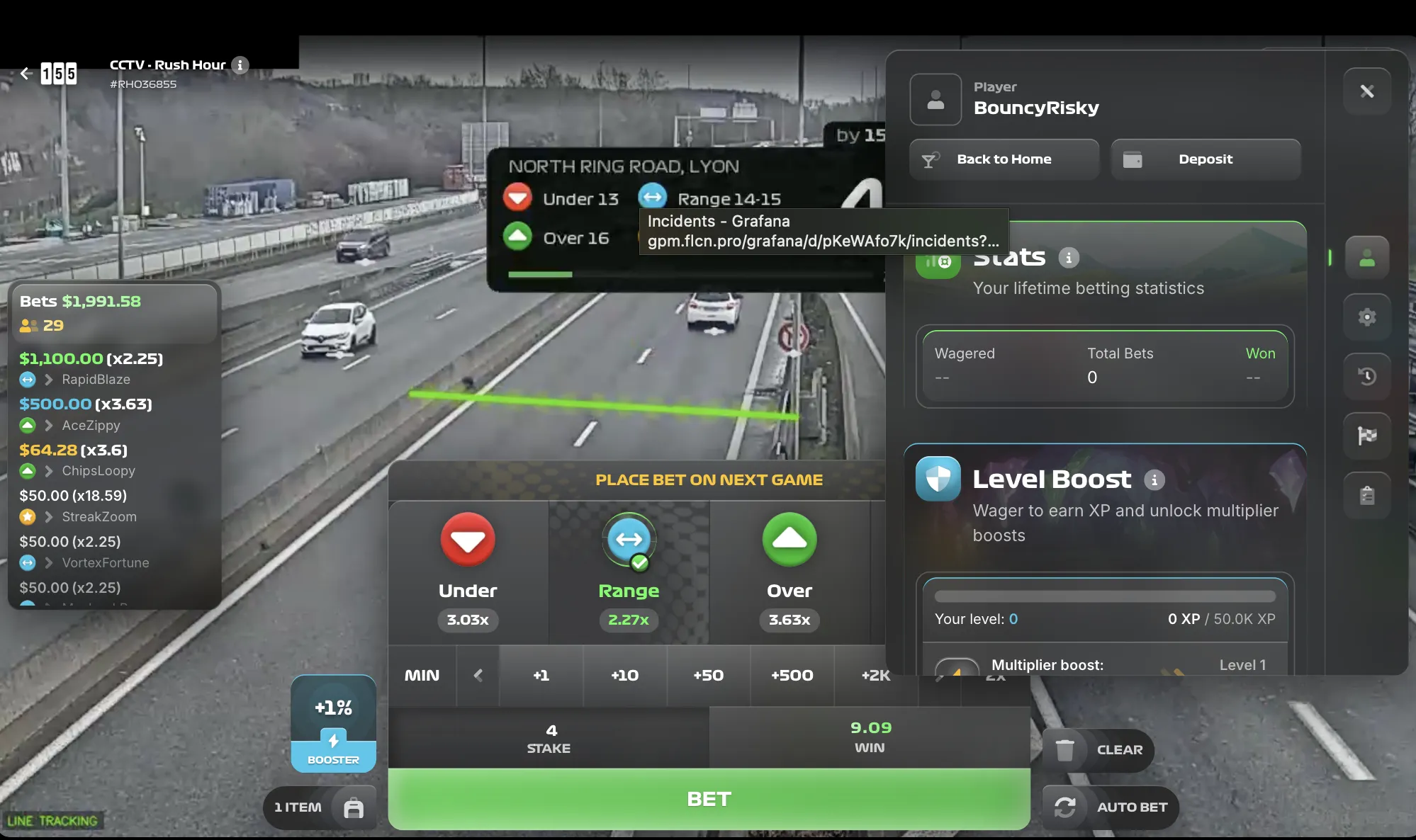 CCTV Rush Hour live highway feed from Lyon with vehicle detection, player stats and Level Boost panel
