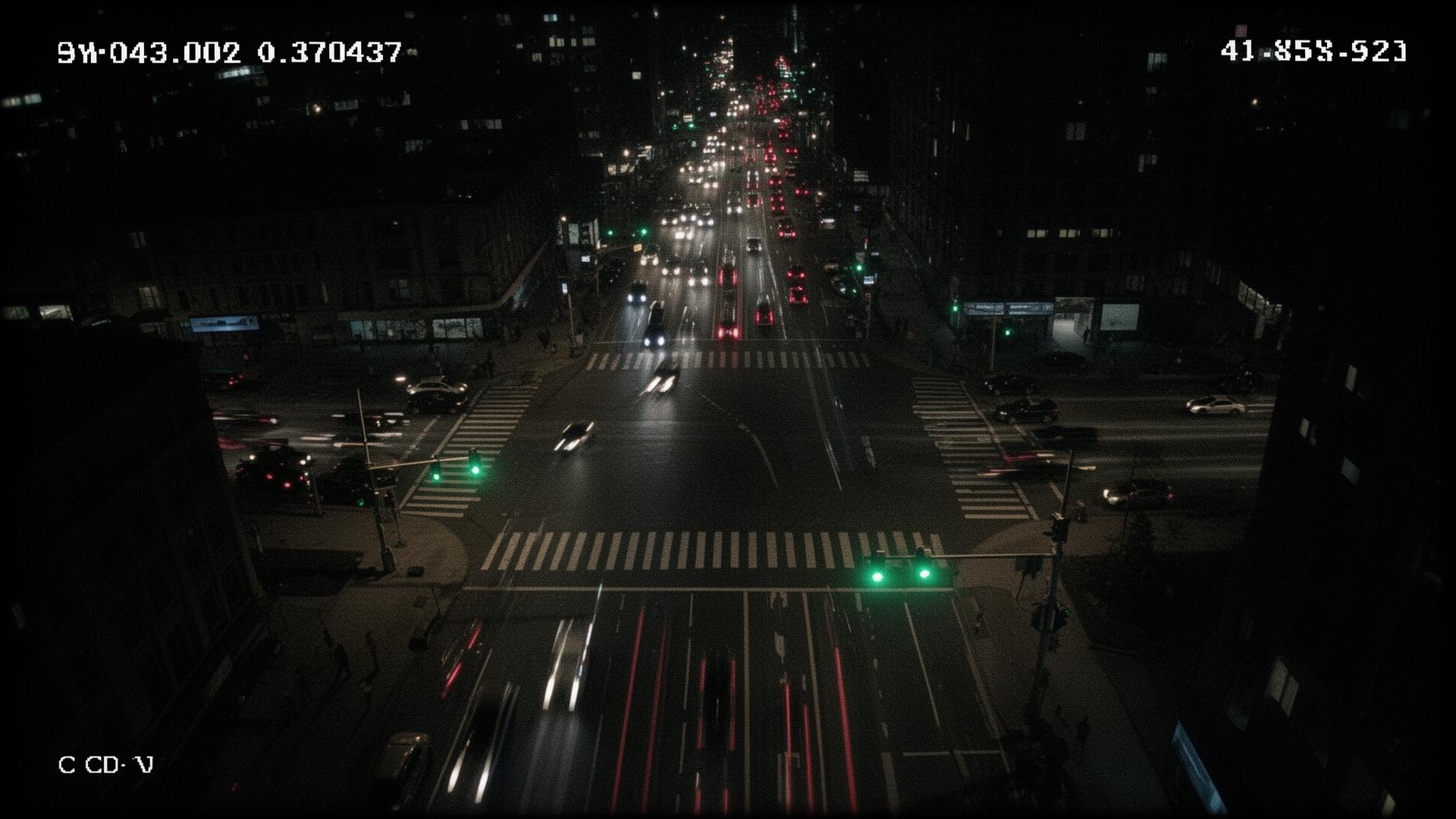 CCTV surveillance camera view of night traffic intersection